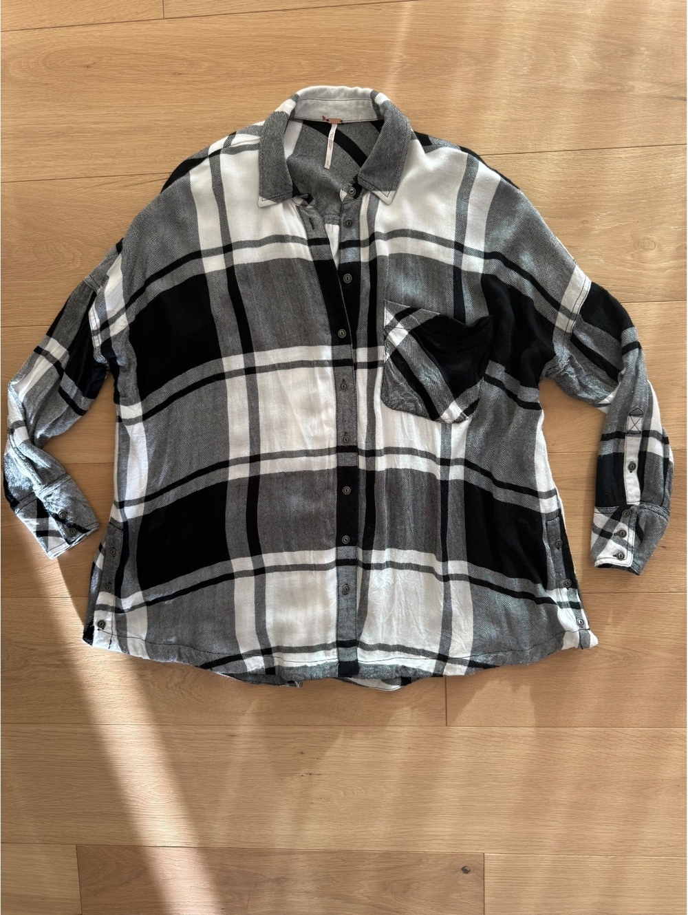 Free People Oversized Plaid Tunic Button Down Black White Gray Size XS
